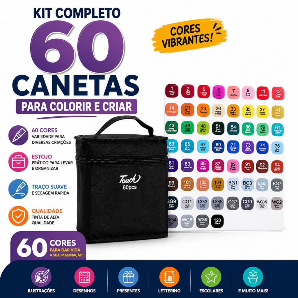 Kit Caneta Touch 60 Cores Dupla Ponta Marcador Permanente Estojo Para Desenho Lettering Mangá