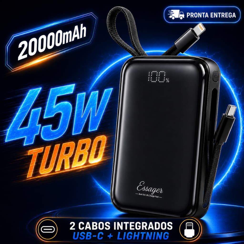 Carregador Portátil Power Bank 20000mAh 45W Turbo PD com 2 Cabos Integrados USB-C Lightning para iPhone Android Notebook