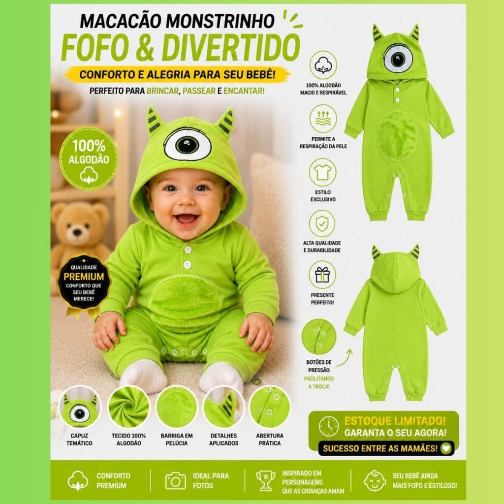 Roupa de Bebê Macacão Tematicos Personagens com Capuz MIKE