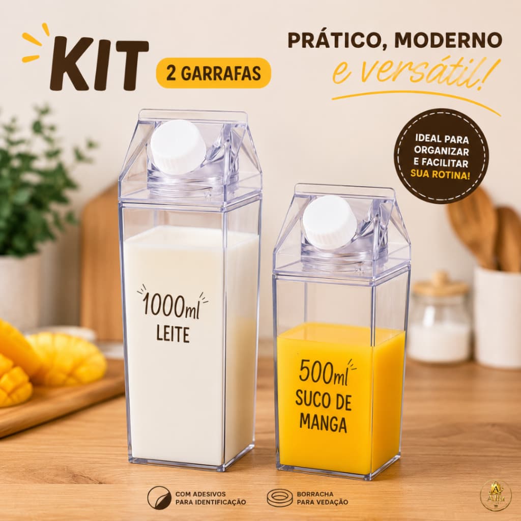 Kit 2 Garrafa Grande e Média com adesivo Caixa Leite Suco Água Acrílico 1 Litro e 500ml de Cada