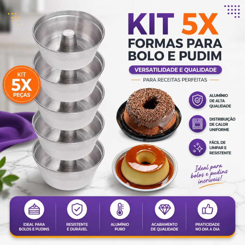 Formas para Bolo e Pudim em Alumínio Grosso – Kit 5 Peças