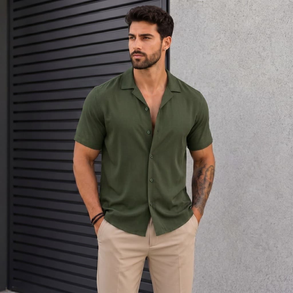 Camisa Social Manga Curta Slim Fit em Microfibra com Elastano