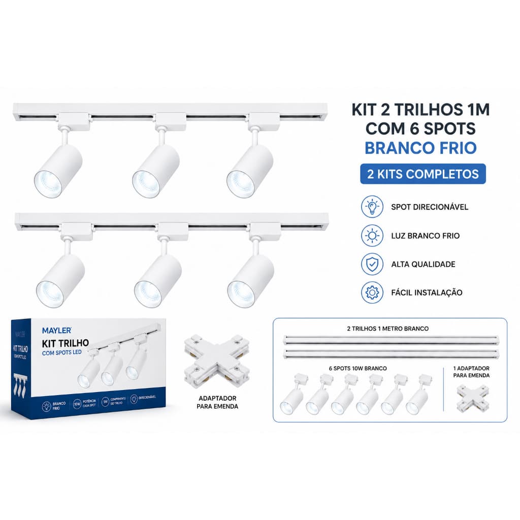 Kit 2 Trilhos 1 Metro cada Branco + 6 Spots LED 10W Branco Frio Direcionáveis + Adaptador para Emenda – Mayler