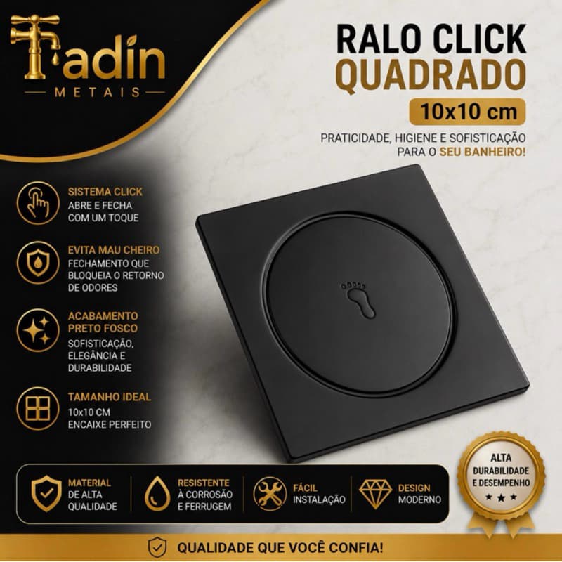 2 Ralo Click Preto Fosco 10x10 Inox Anti Odor Anti Insetos Banheiro