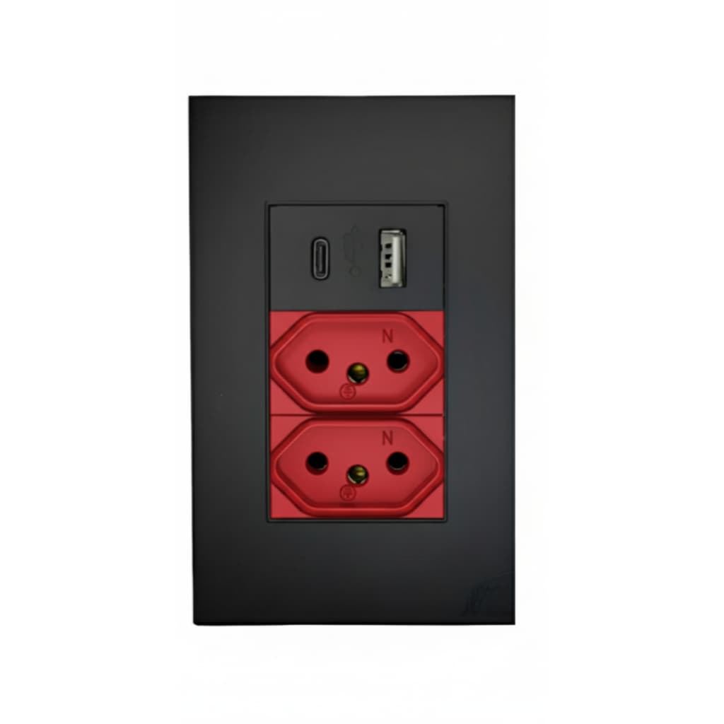Tomada Dupla Vermelho Usb Tipo C Acabamento Premium iPhone 15 16+