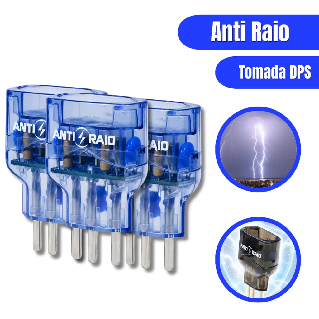 Tomada Anti-Raio Azul 10A Bivolt 127V 220V Protetor Contra Surtos 3 Pinos Kit Com 3 Unid