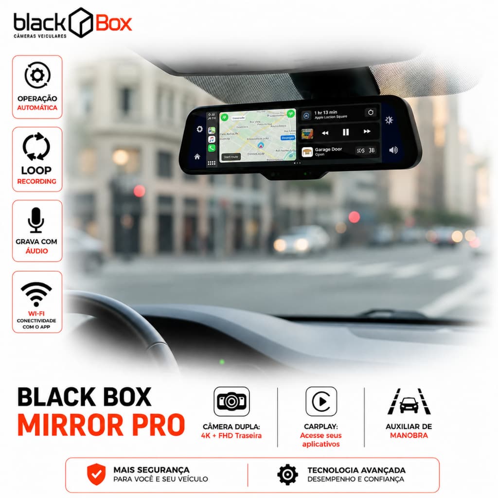 Black Box Mirror Pro - Câmera Veicular Dupla Carplay Wifi (Frontal + traseira)