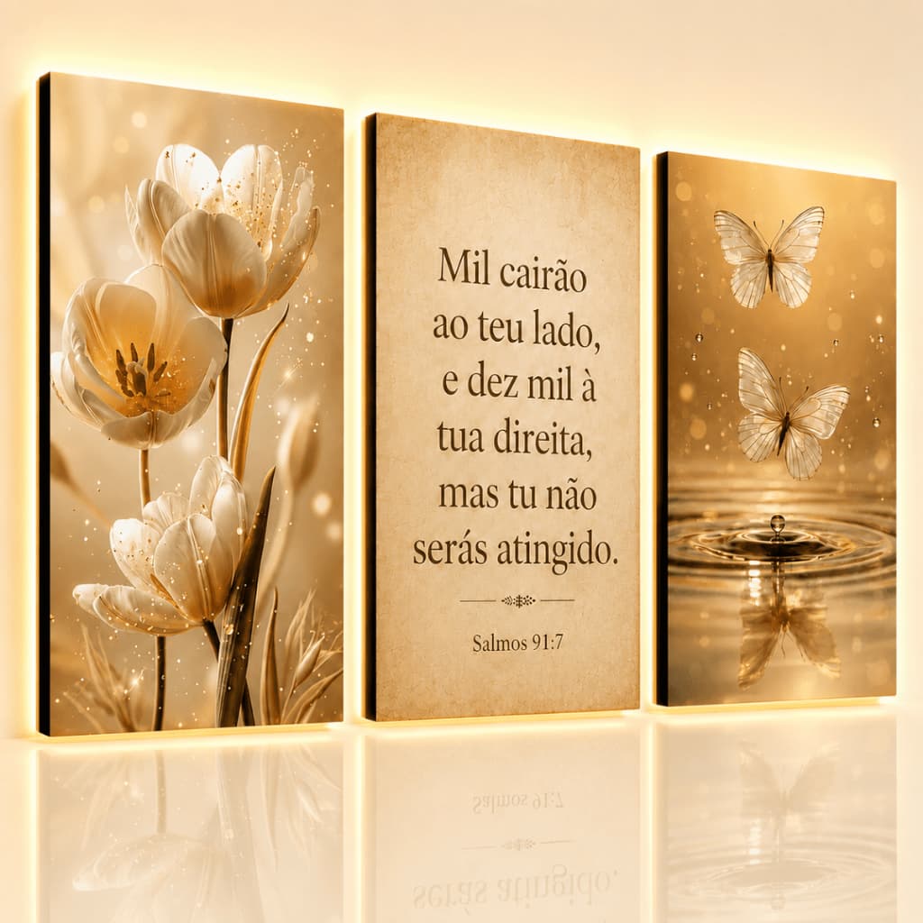 Kit 3 Quadros Decorativos Salmo 91:7 Mil Cairão Borboletas Flores Douradas Cristão Sala
