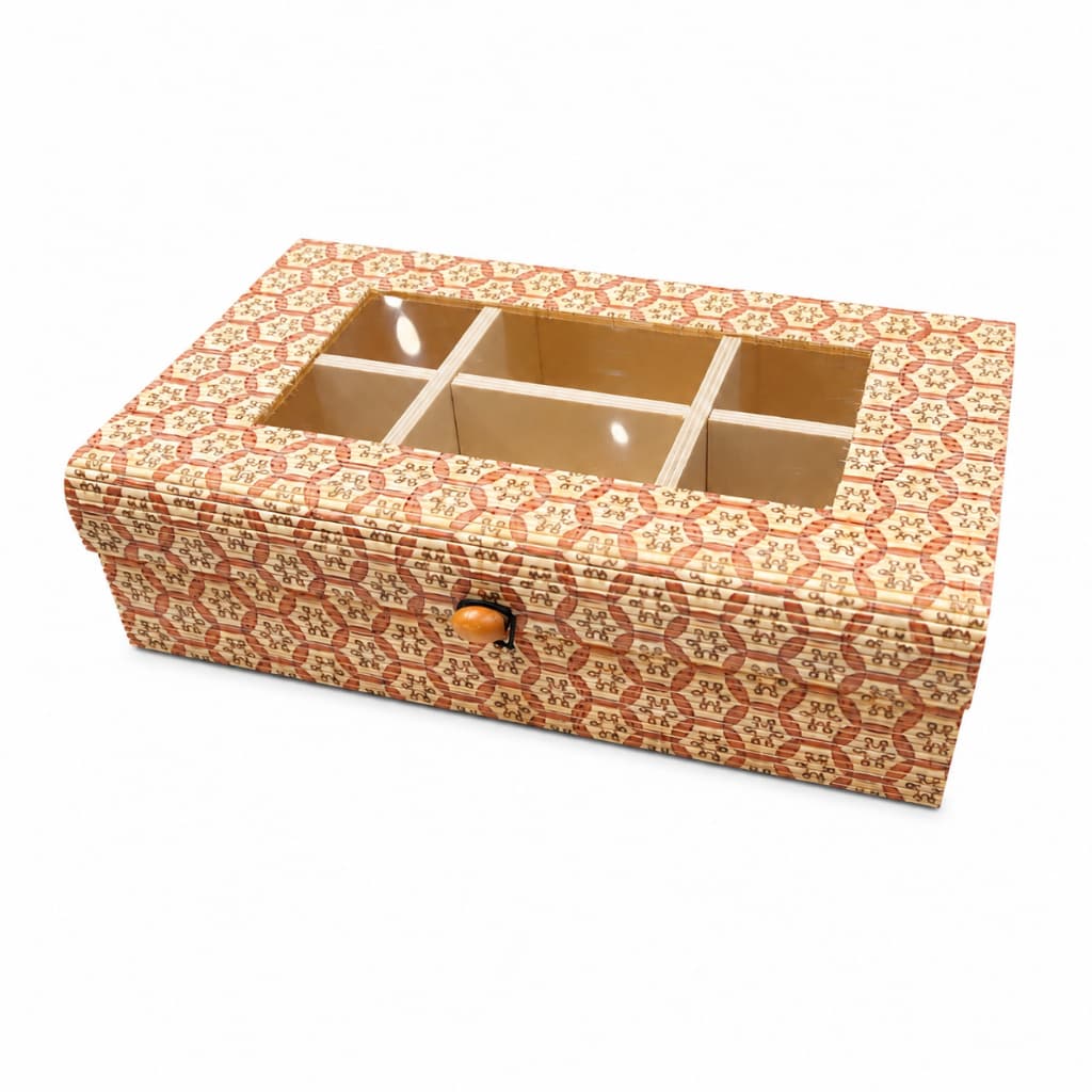 Porta Objeto Bambu Caixa Retangular com Tampa Transparente Multiuso 6 Divisórias 27,5x15,6x7,5cmcm