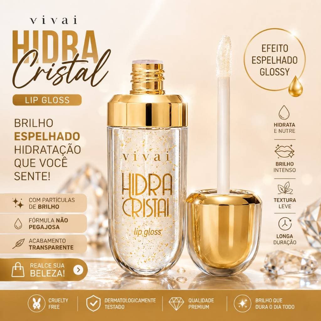 Gloss Labial Vivai Hidra Cristal Original Lip Gloss Transparente Com Partículas Dourada Efeito Espelhado Hidratante