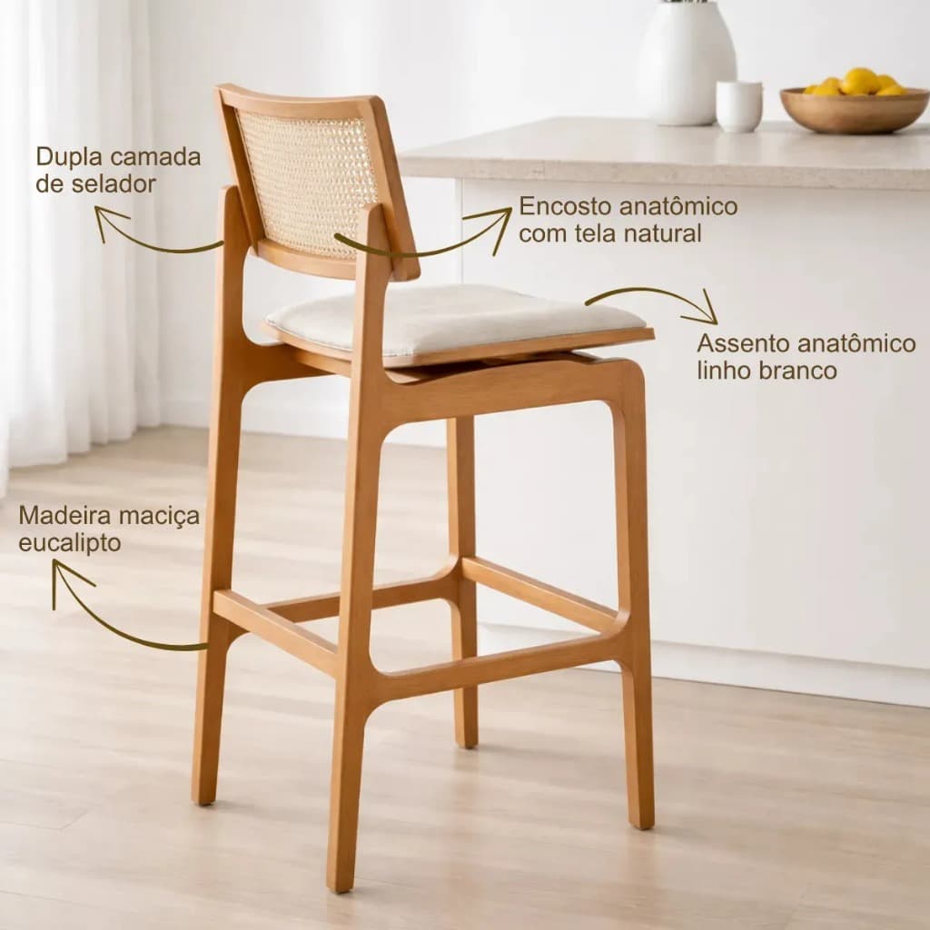 Banqueta Alta Balcão Madeira Maciça Eucalipto Assento Linho Branco Encosto Tela Natural Rattan 150kg