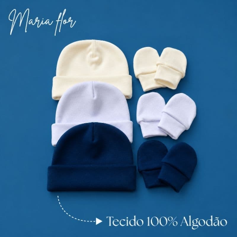 Luvinha + Touquinha kit 6 peças bebê RN - Cor Offwhite, Branca e azul Marinho.