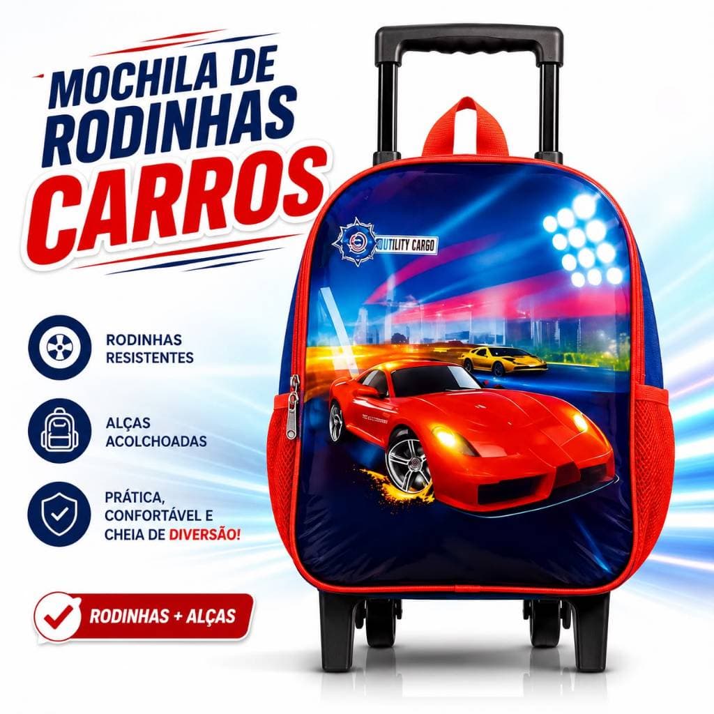Mochila Infantil de Rodinhas Carros Escolar com Alças Ajustáveis Compartimento Grande Sortida