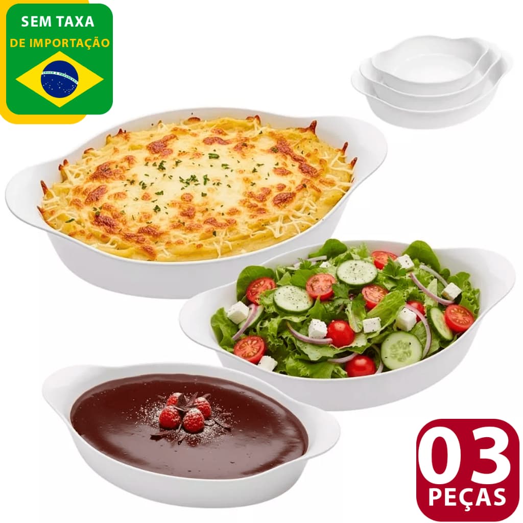 Jogo 3 Assadeiras Marinex Vidro Temperado Oval Opaline Branco Com Abas Para Forno Microondas