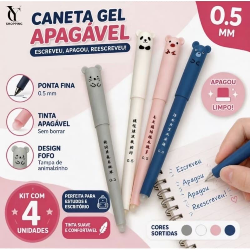 Kit 4 Canetas Apagável Animais Mágica Ponta Fina 0.5mm