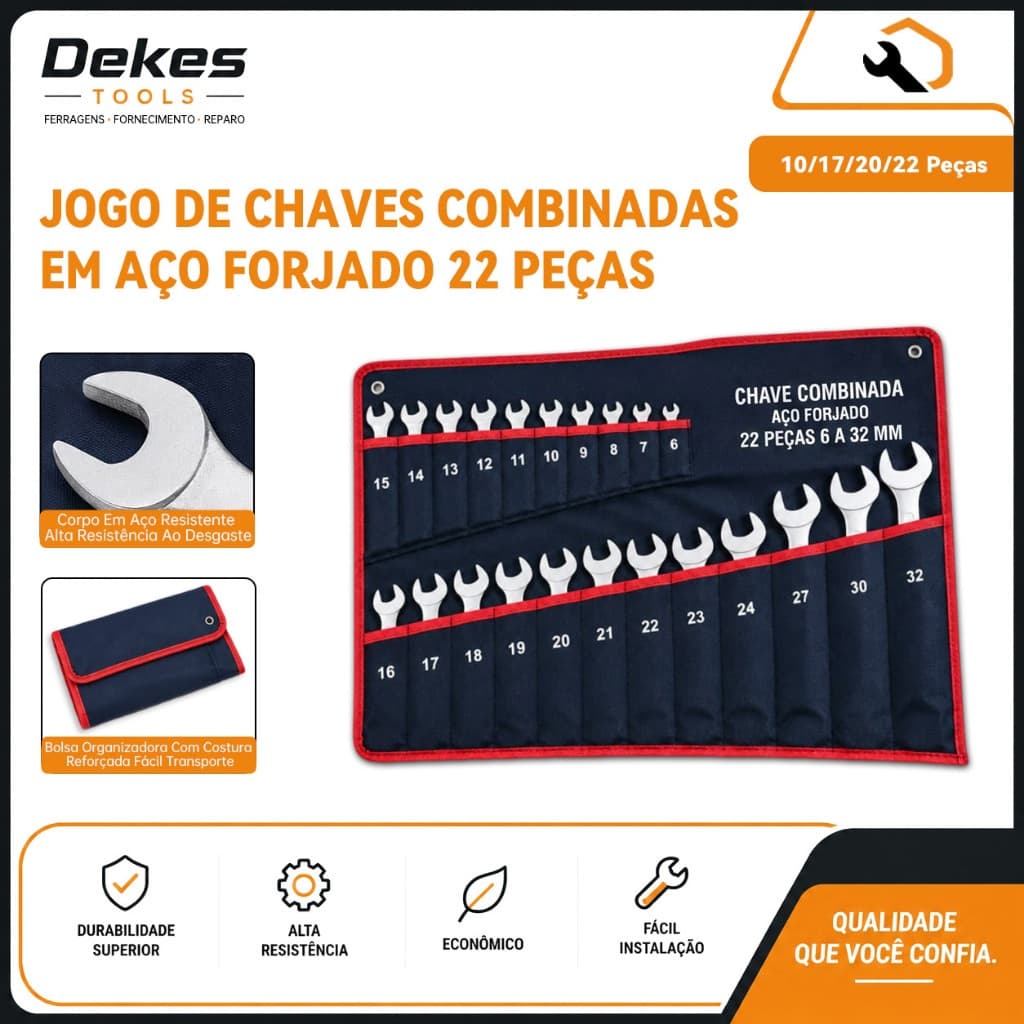 Dekes Jogo Chaves Aço Carbono Forjado Tamanhos 6-32mm para Montagem e Manutenção Geral