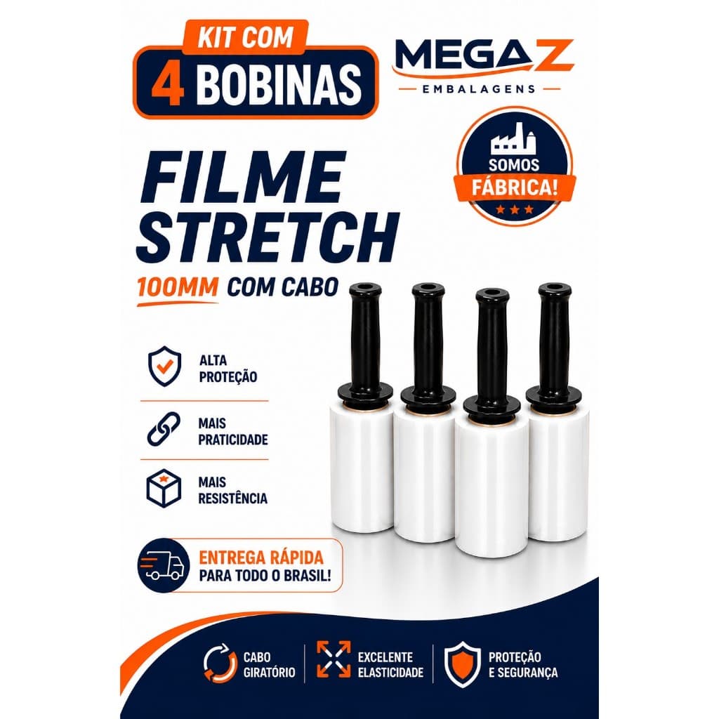 4 Rolos Filme Stretch C/ Cabo Aplicador (10cm) 100 Metros cada bobina - Ecommerce/Marcenaria/Móveis