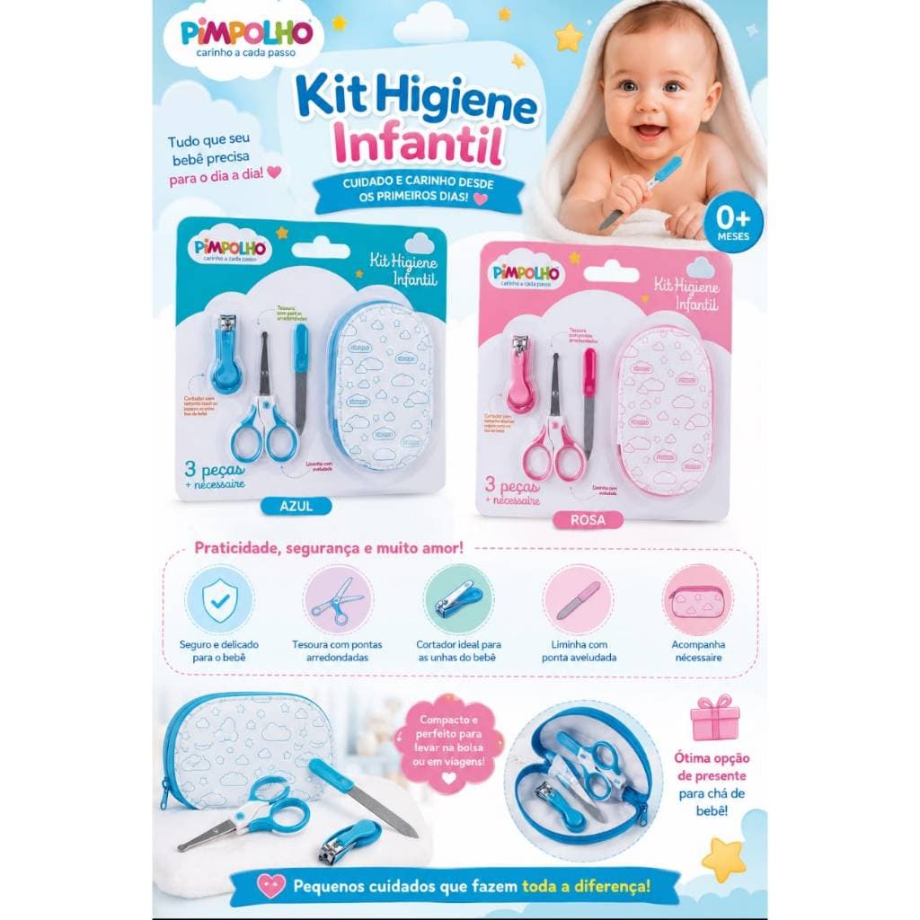Kit higiene 3 peças com nécessaire pimpolho Rosa ou Azul