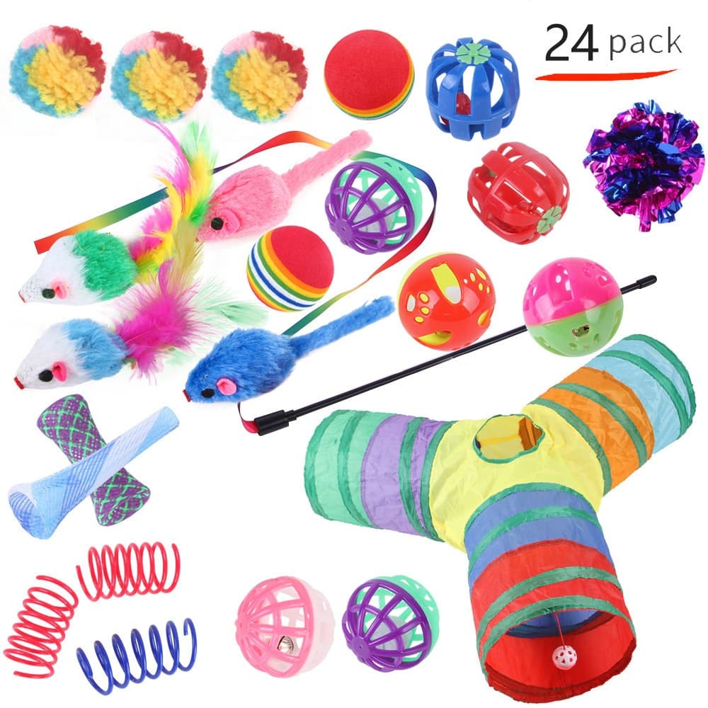 Kit de Brinquedos para Gato 24 Peças, Túnel, Varinha com Penas, Brinquedos Sonoros e Macios