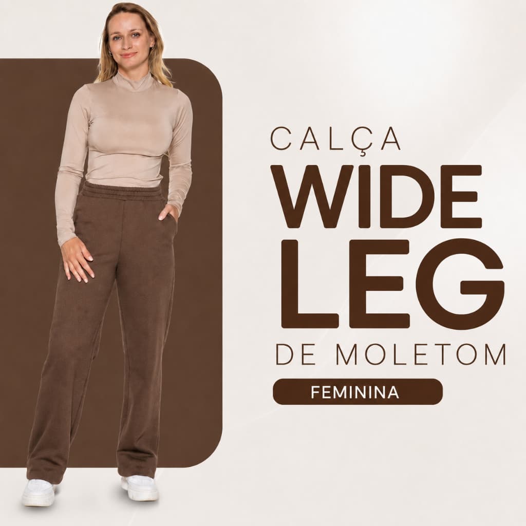 Calça Feminina Pantalona Moletom Peluciada Wide Leg Moletom Flanelado Cintura Alta