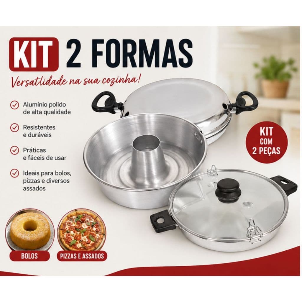 Kit Forma Bolo Americana com Furo + Forma Fulgor Pizza e Assados Alumínio Polido
