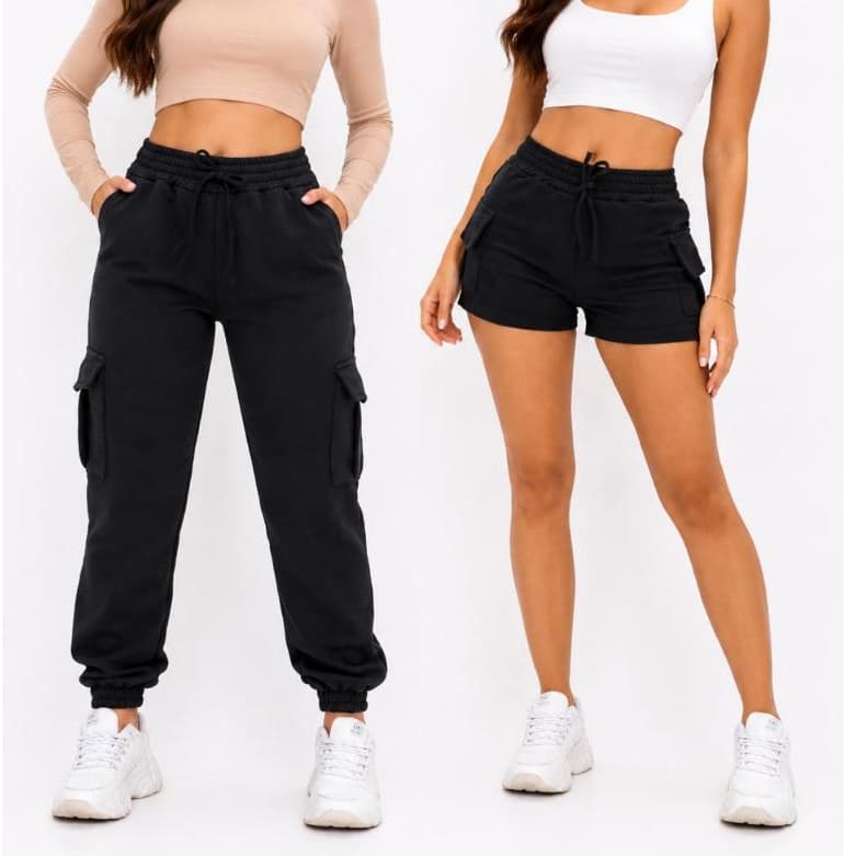 Kit Calça Jogger Cargo + Short Cargo Moletom Flanelado Feminino Inverno 4 Bolsos Confortável Casual