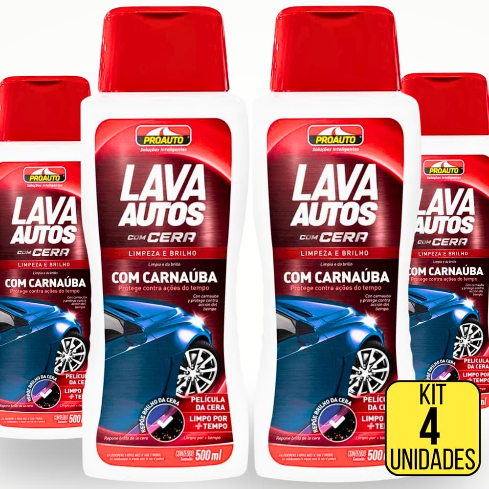 Lava Autos Com Cera Carnaúba Kit 4 Unidades Shampoo Automotivo 500ml Limpa Protege e Dá Brilho