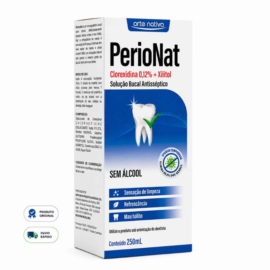 PerioNat Clorexidina 0,12% + Xilitol 250ml Menta Sem Álcool Solução Bucal Antisséptica Original Arte Nativa