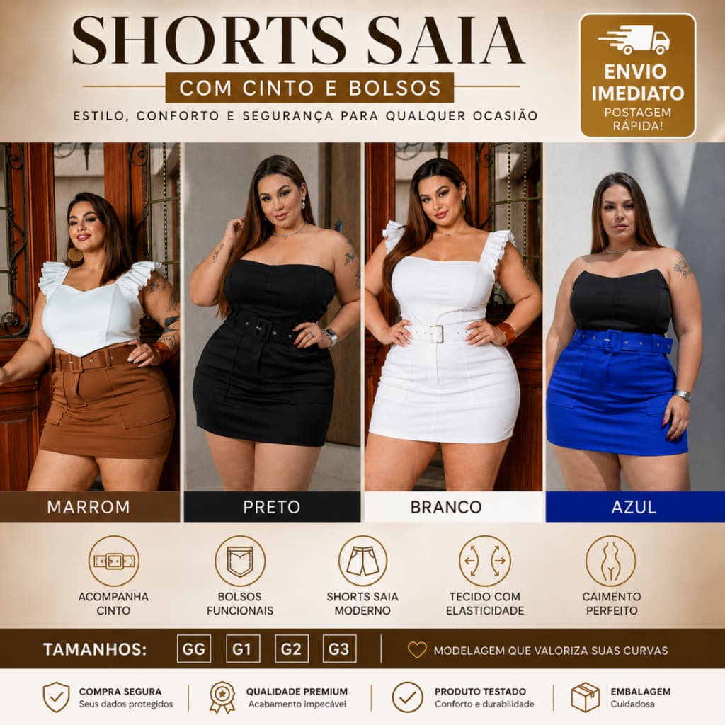 Shorts Saia Plus Size Feminino com Cinto e Bolsos Laterais Cintura Alta GG G1 G2 G3 - Envio Imediato !!!
