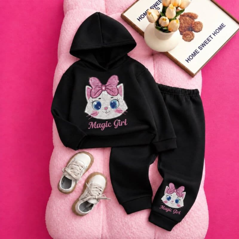 2 Peças Conjunto Casual Confortável de Meninas  com Moletom com Capuz e Calça de Moletom com Estampa de Gatinha