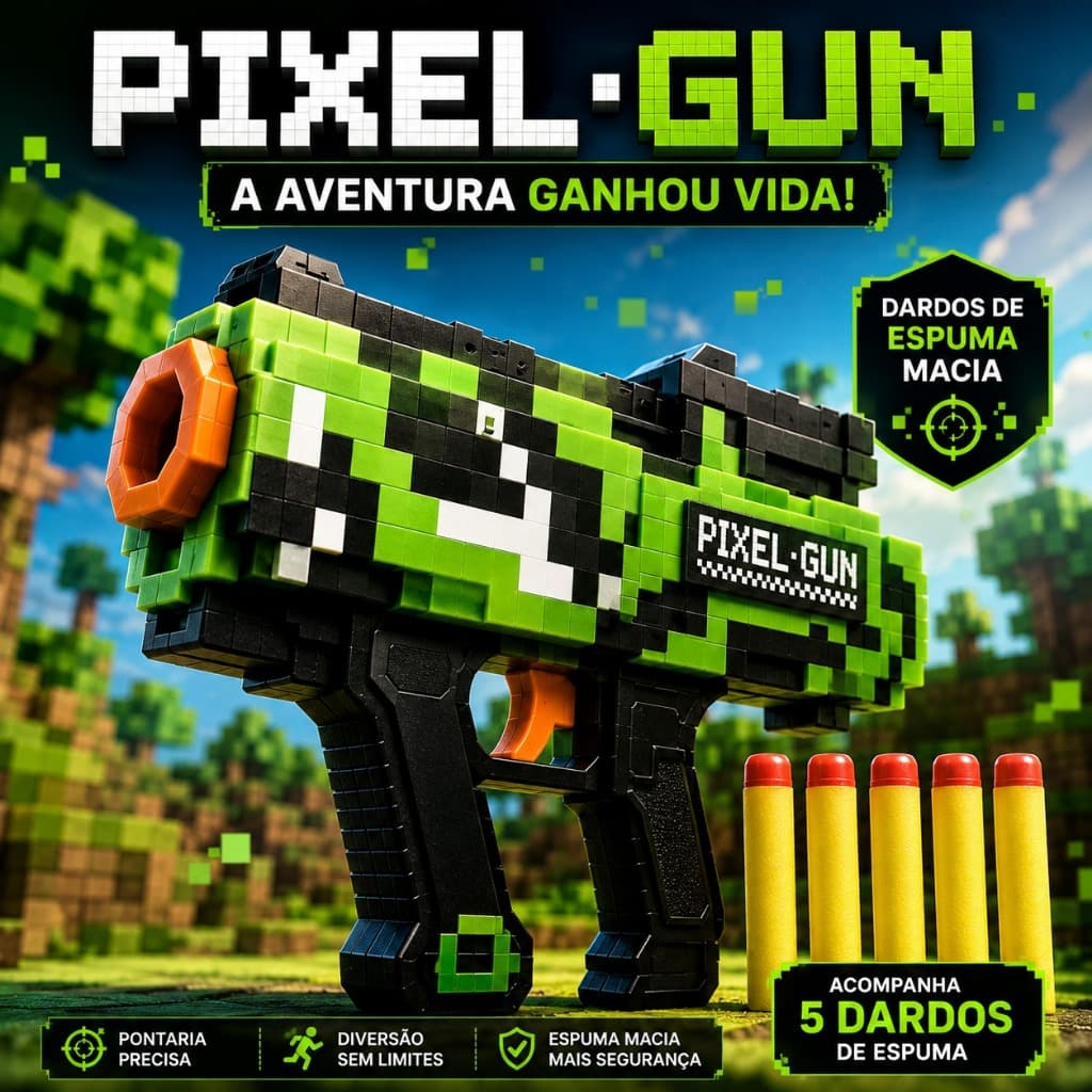 Pistola Lançadora Pixel Gun com 5 Dardos Espuma Infantil Verde