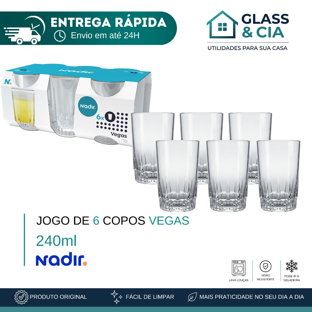 Jogo de Copos de vidro com 6 peças 240ml - Vegas Nadir