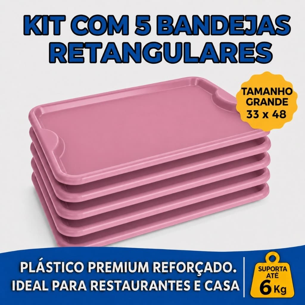 Kit Jogo 5 Bandeja Refeitório Fast Food Cozinha Cafe Plastica 48x33 cm Escolha seu kit