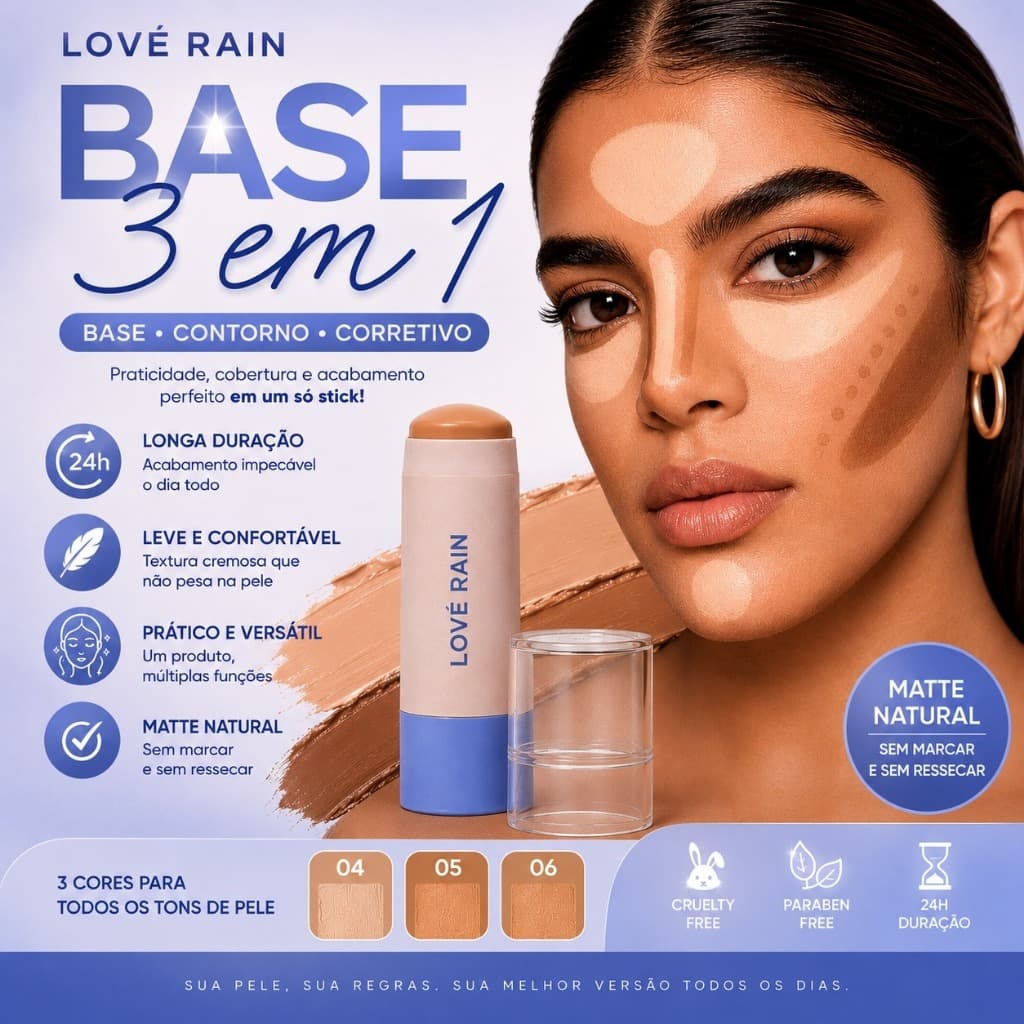 Base Stick 3 em 1 Love Rain Matte 24h | Base + Corretivo + Contorno | Cobertura Natural | Textura Cremosa