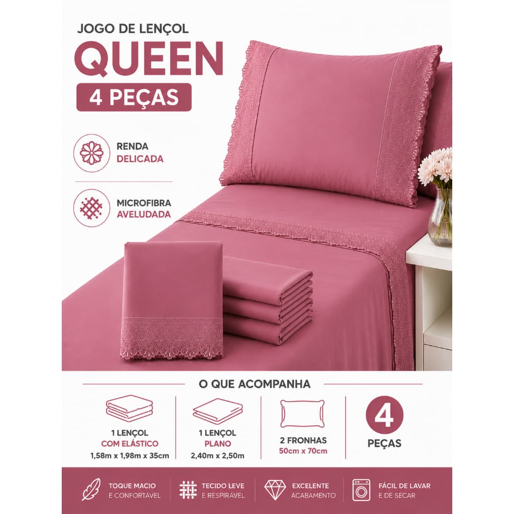 Jogo de Lençol Queen 4 Peças com Renda Microfibra Aveludada Toque Macio La Dotta Cobre Leito e Fronhas