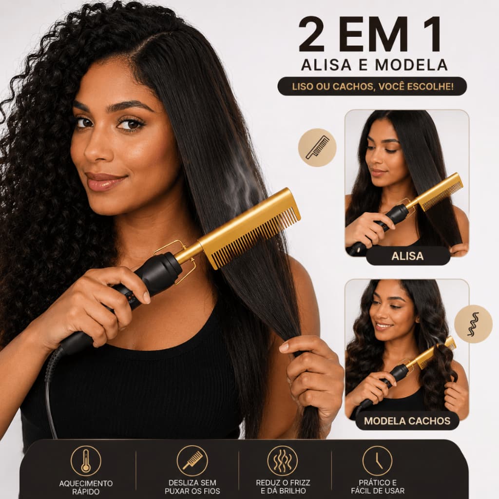 Pente Elétrico Alisador Cabelo Alisamento Modelador de Cachos e Chapinha 2 Em 1 Cabelo Liso Cacheado