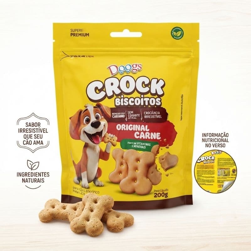 Biscoito Para Cães 200g Carne Natural Sem Corantes Petisco Crocante Saudável Doogs Crock