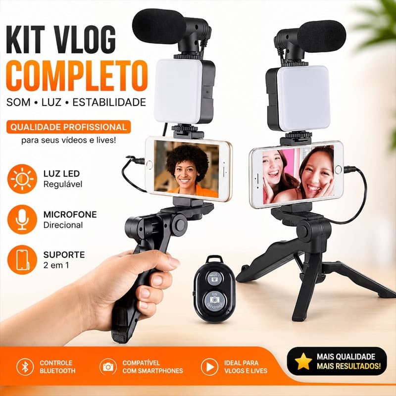 Kit De Fotografia Luz De Vídeo + Microfone + Tripé Dobrável + Suporte Celular Com Controle Bluetooth