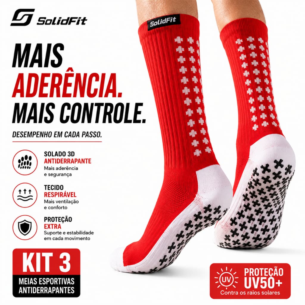 SolidFit Meias de Futebol Profissionais - Meias Crew Antiderrapantes com Grip de Silicone e Almofadas para Homens