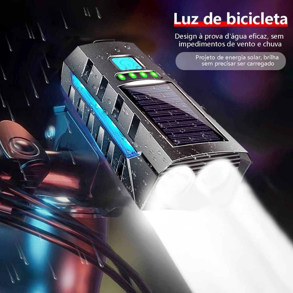 Kit Lanterna Bike Solar Com Buzina E Power Bank 12 Horas Recarregável À Prova D'Água Farol Bicicleta