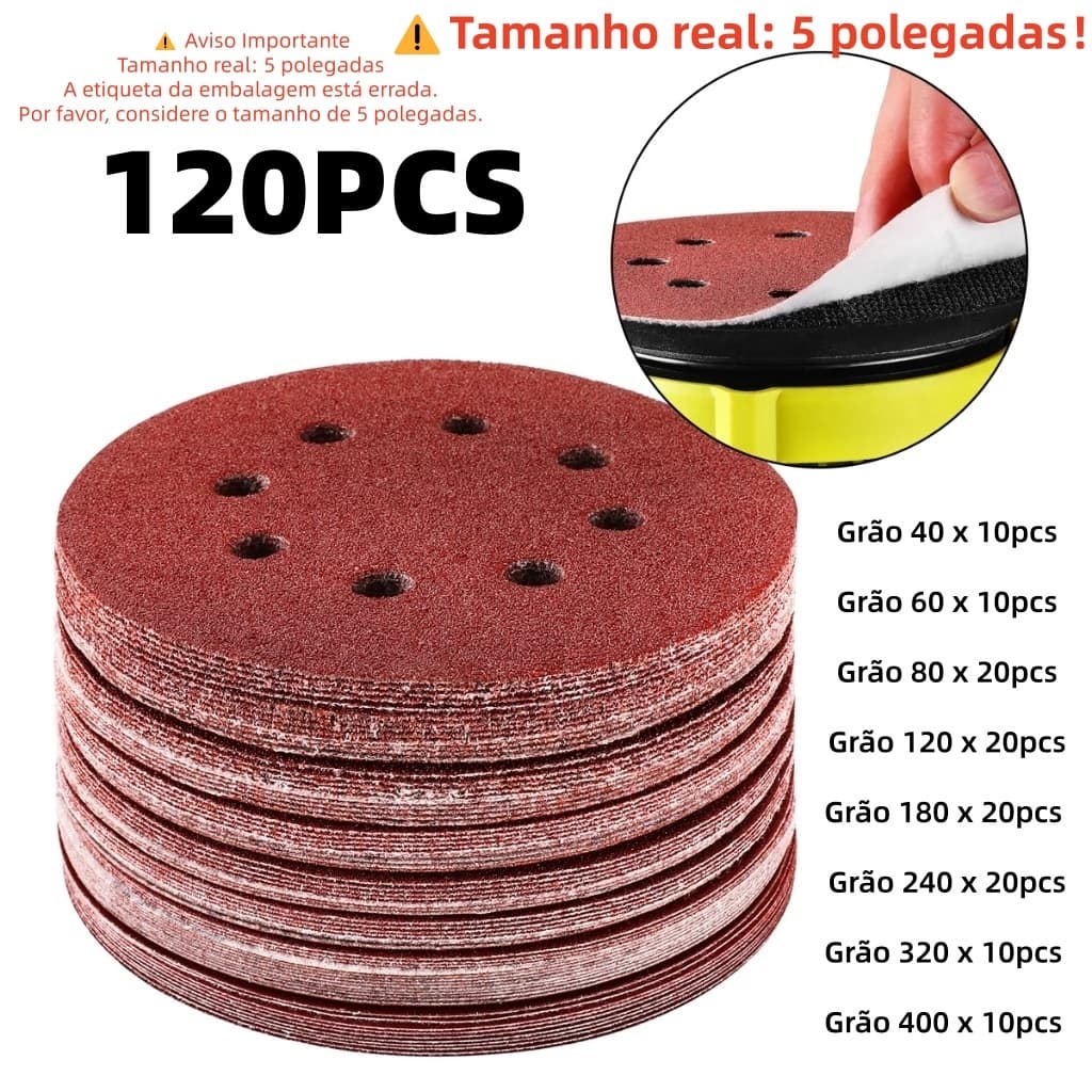 Kit 120pcs Disco Lixa 8 Furos 125mm 5 Pol Lixadeira Roto Orbital 40 60 80 120 180 240 320 400