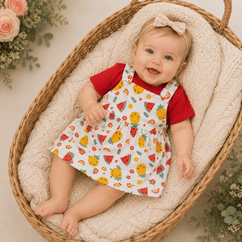 Conjunto Jardineira Salopete Estampada + Camisa em Ribana Bebê Menina Verão Algodão