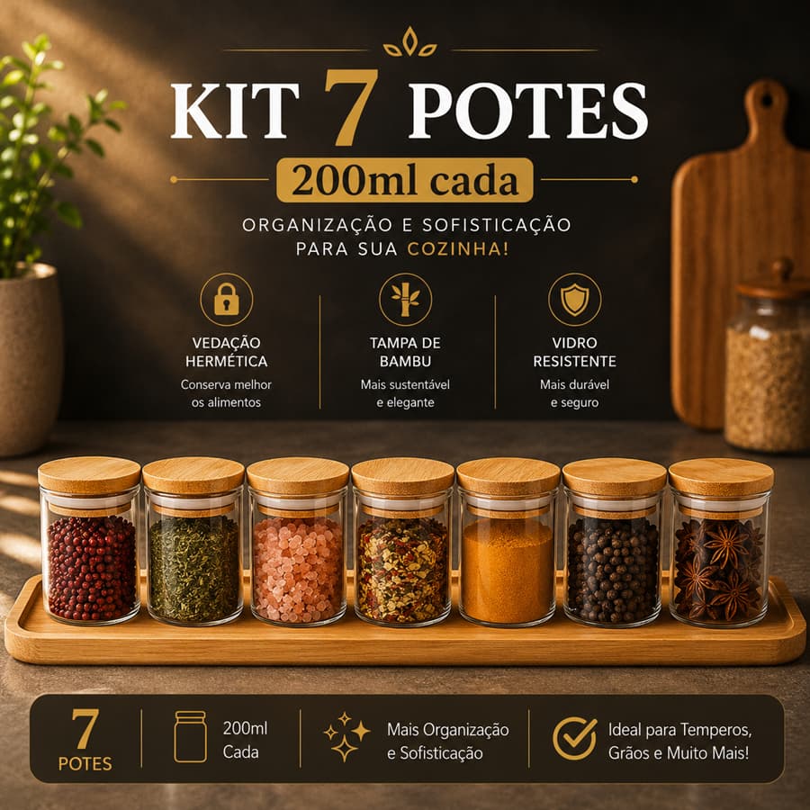 Conjunto 7 Potes Herméticos De Vidro Porta Mantimentos 200ml Tampa De Bambu
