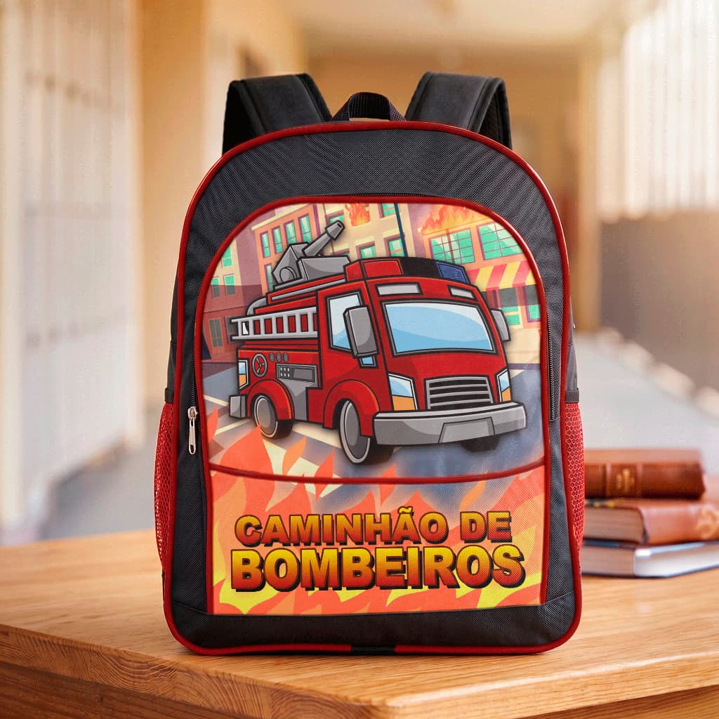 Mochila Escolar Infantil Menino Grande Caminhão de Bombeiro Vermelho Resgate Salvamento Reforçada