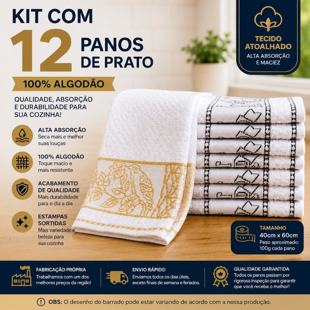 Jogo De Pano De Prato 12 Unidades 100% Algodão Direto de Fabrica Kit com 12 Panos de Copa