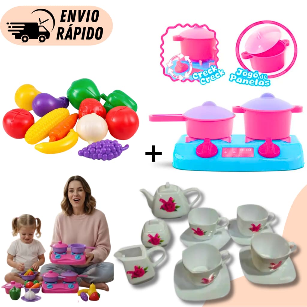 Kit Cozinha Infantil Completa Com 29 Peças Fogão + Panelas + Jogo de Chá + Feirinha Brinquedo Para Meninas Educativo