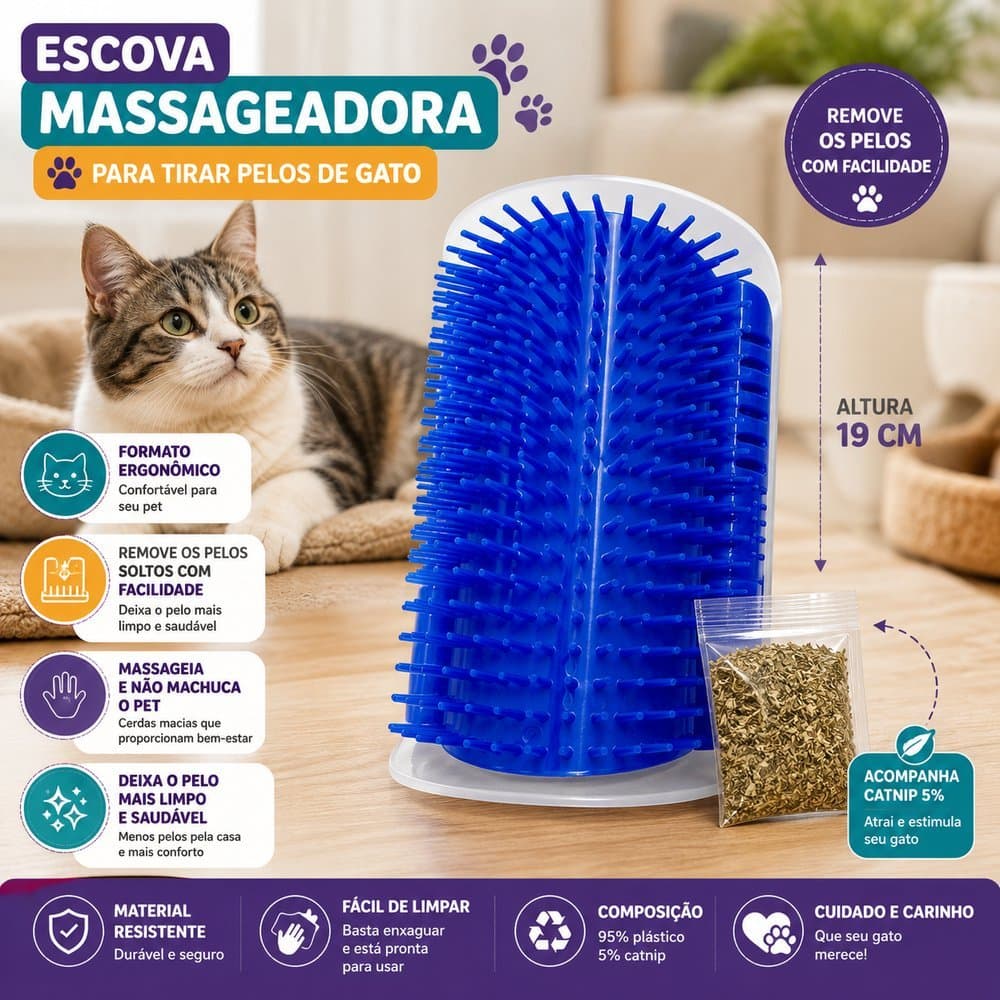 Escova Massageadora Para Gatos com Catnip - Azul