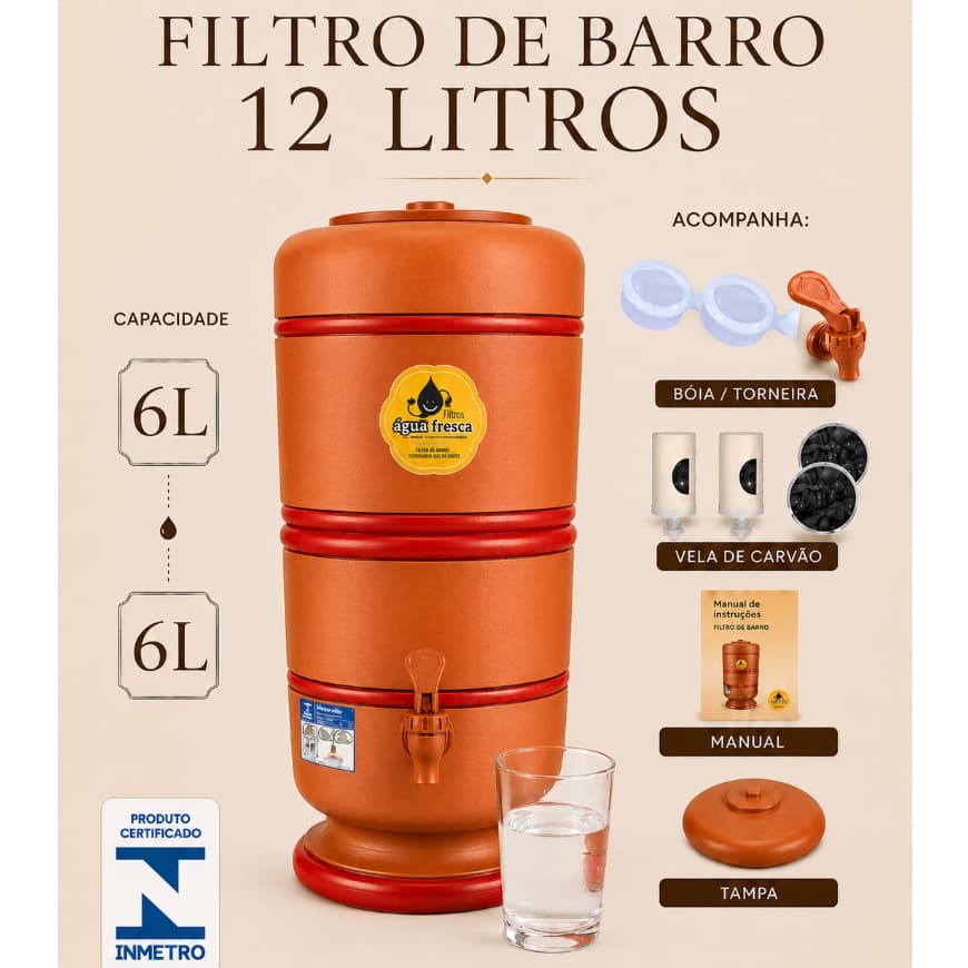 FILTRO DE BARRO 12L /PURIFICADOR DE ÁGUA COM INMETRO E ACESSÓRIOS.