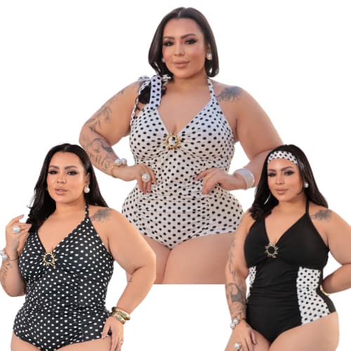 Maiô Plus Size Poá Estilo Retrô com Fivela Sol e Bojo Modelador