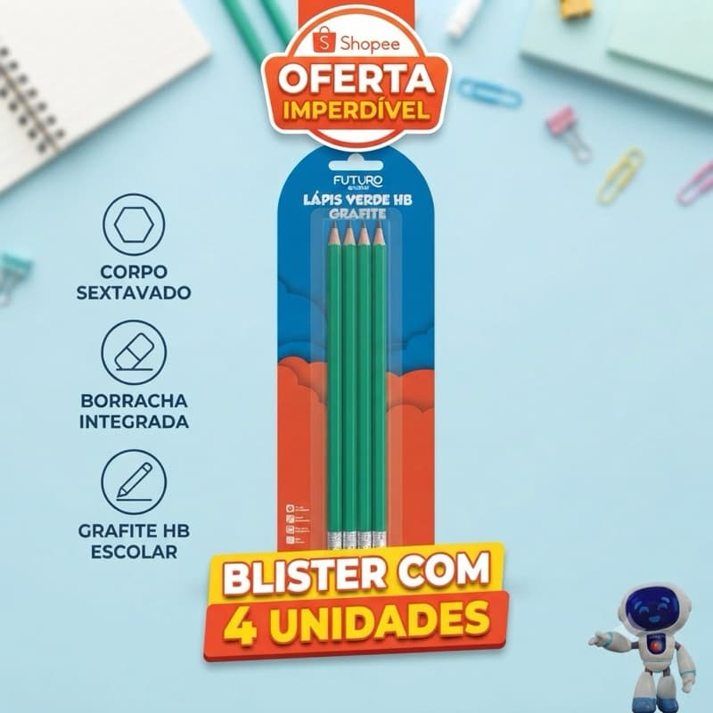 Lápis HB grafite corpo verde sextavado com borracha Blister com 4 unidades lápis escrever desenhar Futuro Escolar